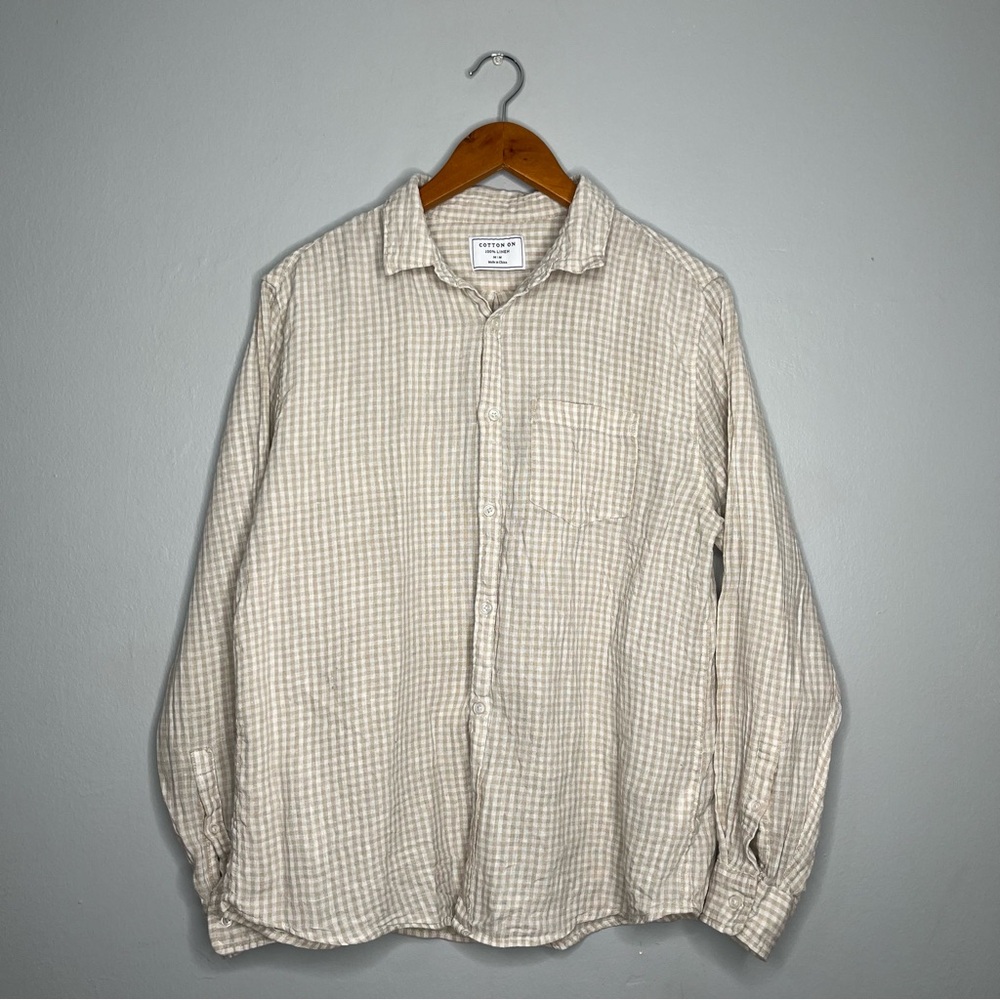 Cotton On Cream Tan Gingham Linen Long Sleeve Button Front Shirt C